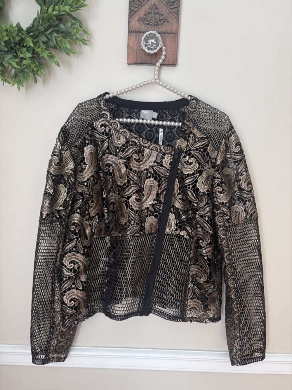 NWT Asos Curve Size 16 Black Gold Lace Jacket Blazer Zip Front